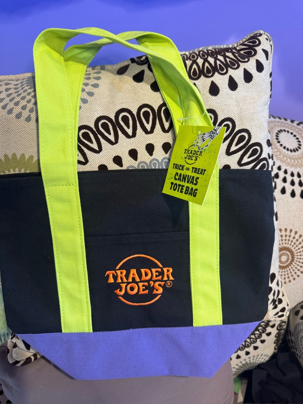 Trader Joe’s mini canvas Helloween tote Black & Neon Green Canvas Tote Bag